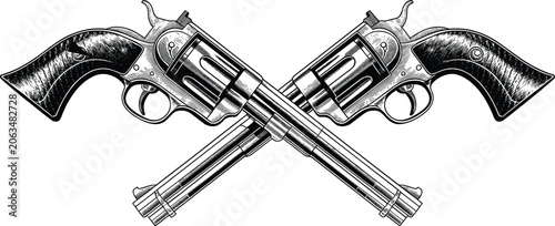 Two Engraved Revolver Pistols Crossed in Black and White Illustration guns revolvers