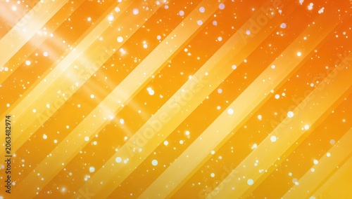 A vibrant orange background featuring diagonal stripes and sparkling white dots. Bright rays of light emanate from the upper left
