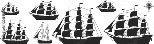 Obraz na plátne Collection of Silhouette Sailing Ships and Compass Rose Vector Illustrations sai