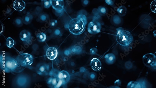 An abstract depiction of interconnected nodes, resembling human icons, linked by lines against a dark background, suggesting digital networks