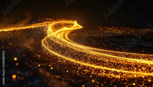 An abstract, dynamic visual with golden, glowing particle trails curving against a dark, textured backdrop