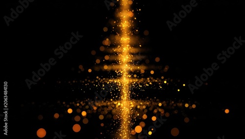 An abstract image featuring a vertical stream of golden light, resembling a stylized tree, against a dark black background. Bokeh effects are present