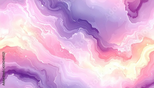 An abstract swirling design features a mix of pastel colors, like purples, pinks, and yellows, with flowing, fluid patterns