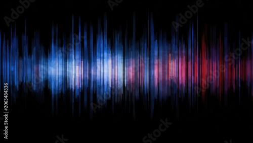 An abstract, vertical wave of vibrant colors against a dark background, suggestive of audio frequencies