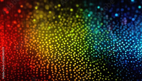 An abstract, vibrant background features a swirling gradient of colorful, circular light points. The image fades towards darker tones