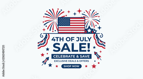 Fourth of July sale banner with American flag and fireworks. EPS Editable