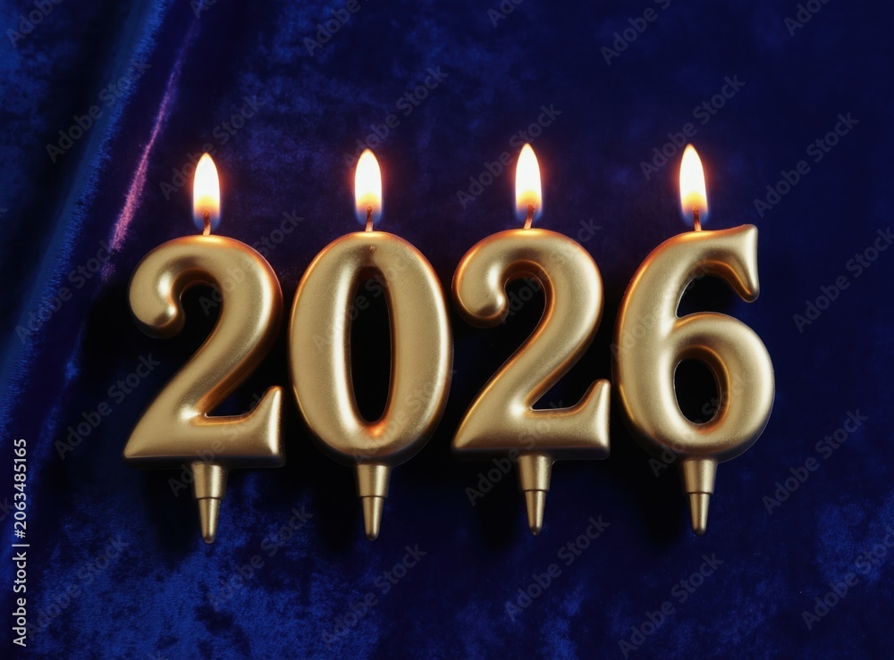 Fototapeta premium Golden candles form number 2026 with lit flames on dark blue velvet. Festive New Year celebration, elegant holiday background for greetings.