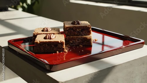 Square pecan cookie bars arranged on a glossy crimson tray in architectural sunlight, offering a modern pecan cookie day display with layered nut filling, clean shadows, and minimalist styling