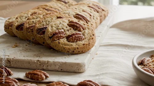 Golden pecan cookies layered across a pale travertine board by a bright window, celebrating pecan cookie day with airy neutral styling, whole nut toppings, soft linen, and gentle morning light
