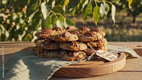 Caramel pecan cookies piled on a wooden board beneath leafy orchard branches, bringing pecan cookie day outdoors with sunlit nuts, rustic green linen, a handmade tag, and warm countryside atmosphere