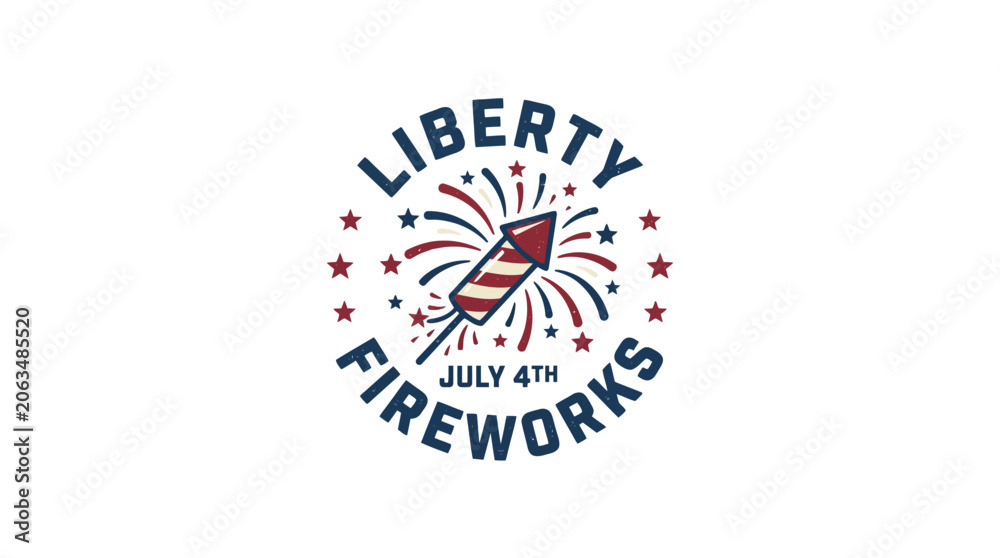 Obraz premium Vintage Liberty Fireworks July 4th emblem with rocket and stars. EPS Editable