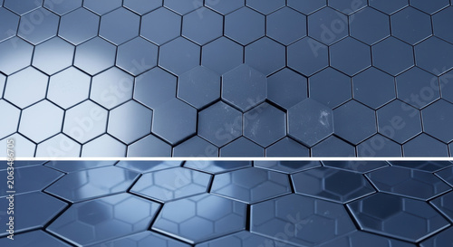 Hexagon pattern fusion creates sense of power and progress in this futuristic blue metallic surface design