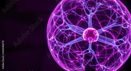 Plasma ball fusion creates stunning display of power and progress with vibrant purple electric streams illuminating dark background beautifully