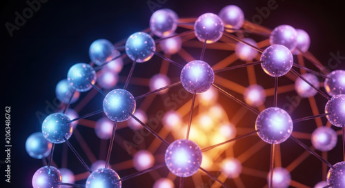 Molecule atom network connection science technology fusion power drives progress this glowing molecular structure with vibrant blue and orange