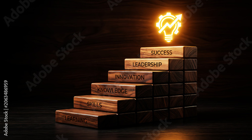 Business Growth and Personal Development Success Concept with Wooden Stair Steps Showing Learning Skills Knowledge Innovation Leadership and Achievement
