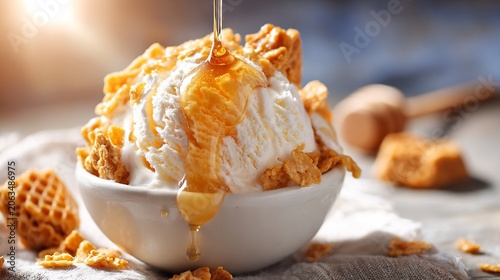 Creamy Vanilla Ice Cream in White Bowl Topped with Crunchy Honeycomb Cereal and Honey