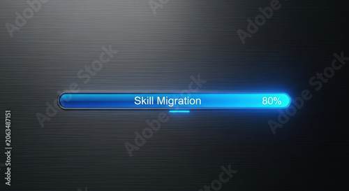 Skill migration progress bar glowing blue on dark background representing workforce reskilling and automation development in technology