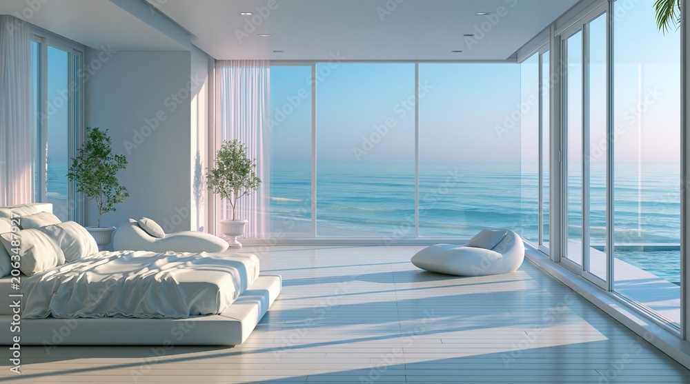 Obraz premium Luxury modern bedroom with ocean view and minimalist decor