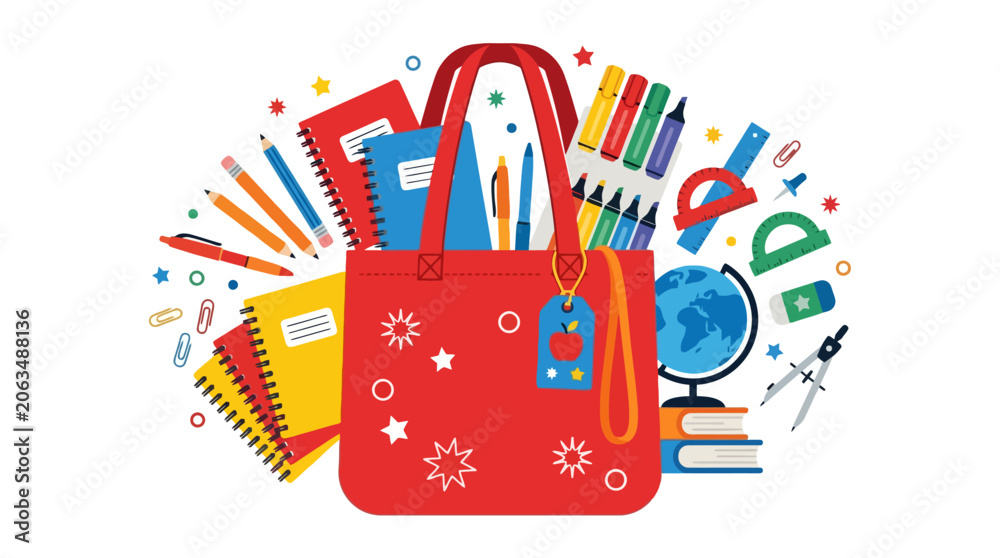 Obraz premium Red school bag filled with colorful stationery and educational supplies vector illustration. EPS Editable