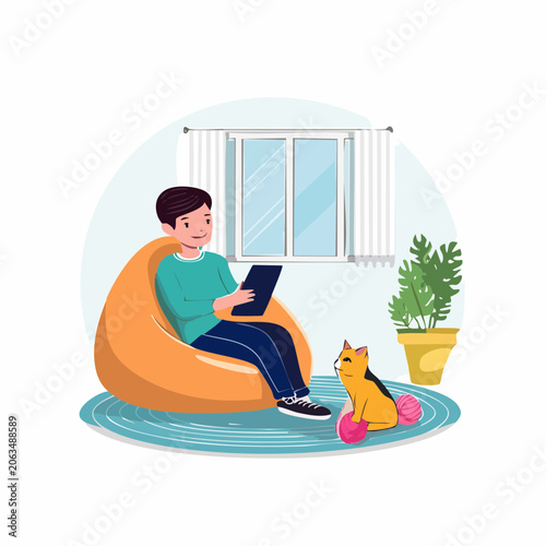 Boy Relaxing with Tablet and Cat