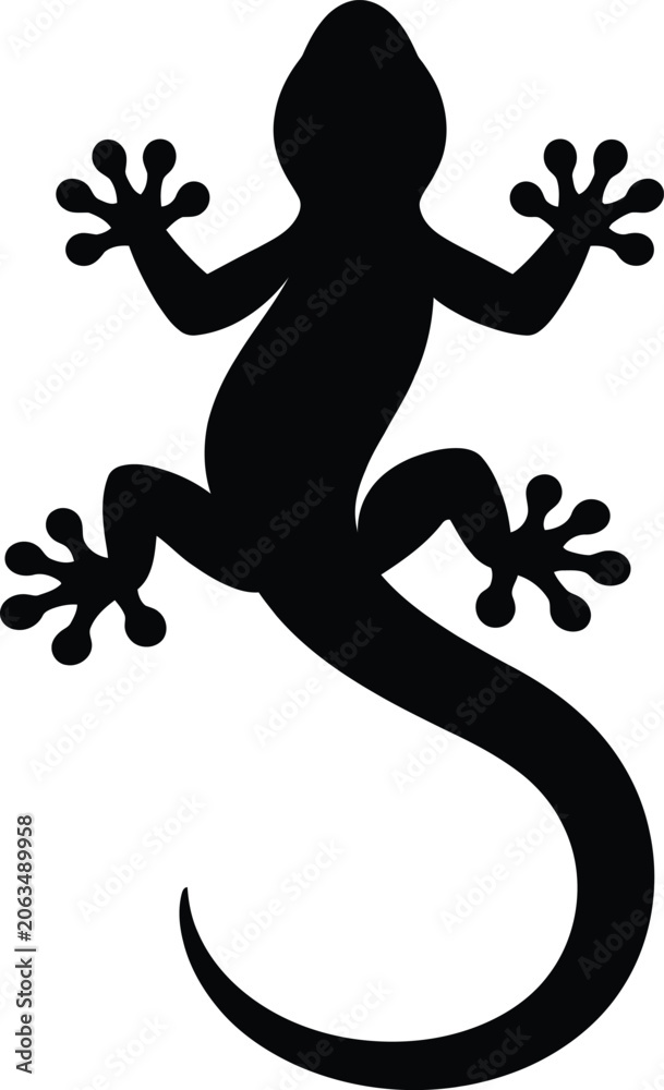 Fototapeta premium Black Lizard Silhouette Vector with Curved Tail and Spread Limbs – Minimalist Artwork Symbolizing Agility, Adaptability, and Nature for Logos, Tattoos, Decorative Graphics, and Branding Concepts