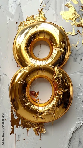 A gold balloon in the shape of the number eight on a textured surface