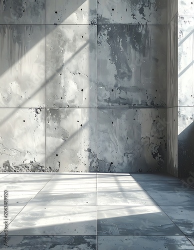 A gray concrete room with sunlight casting shadows