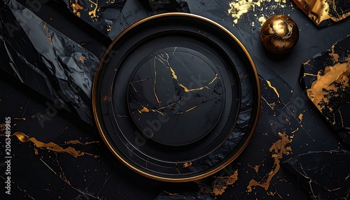 A luxurious black and gold abstract design with marble-like patterns