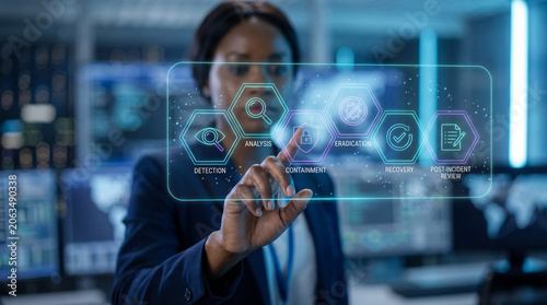 Black female specialist managing cybersecurity incident response lifecycle through floating digital interface showing icons for detection, analysis, containment, eradication and recovery workflow