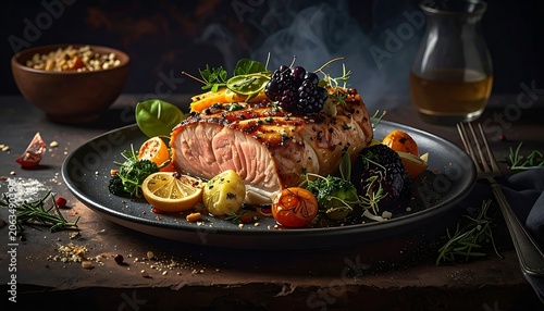A savory dish on a plate with mixed vegetables and a piece of meat