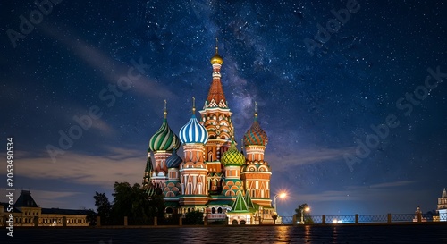St. basils cathedral glowing under a magnificent starry night sky