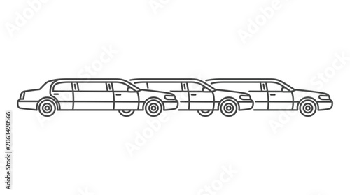 Three luxury stretch limousine cars in a row icon.