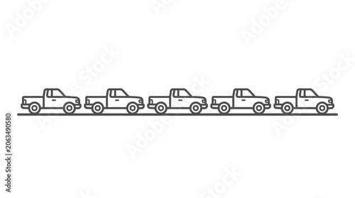 Row of small pickup trucks in horizontal line.