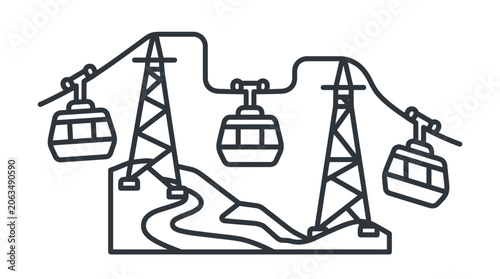 Cable car gondolas in mountain landscape line art icon.