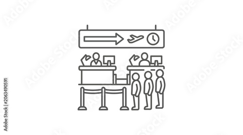 Airport terminal check-in area with informational signage and passengers.