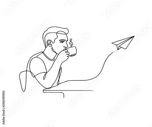 Continuous Line Drawing Business Professional Drinking Coffee