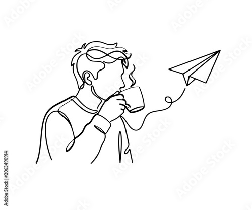 Continuous One Line Drawing Creative Man Enjoying Coffee