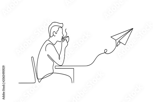 Continuous One Line Drawing Office Worker Drinking Coffee