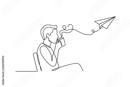 Continuous One Line Art Professional Drinking Coffee and Thinking Ideas