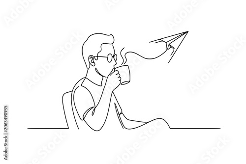 Continuous Line Drawing Man with Glasses Drinking Coffee