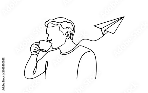 Continuous One Line Art Young Man with Coffee and Flying Paper Plane