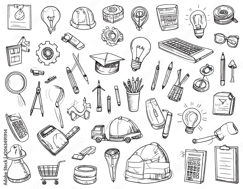 Naklejka premium Black and white sketches of construction, design, and education tools and objects