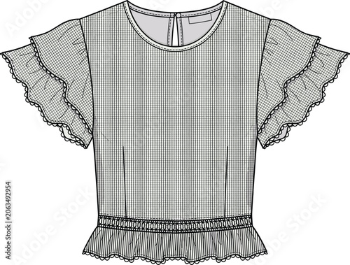 Technical fashion flat sketch of women's peplum blouse with ruffled sleeves and lace trim details.