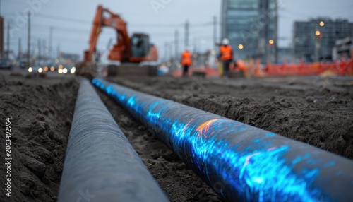 A low-angle view of two large dark grey pipes, one wrapped in blue and orange protective material, being installed at an urban construction site