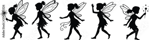 Fotografia Five whimsical fairy silhouettes with wings and wands in a playful procession ag