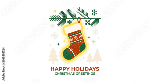 Foto Christmas stocking hanging from pine branch with holiday text.