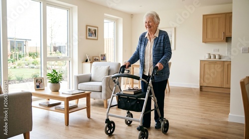 Happy elderly woman using a mobility walker to move through her bright modern living room