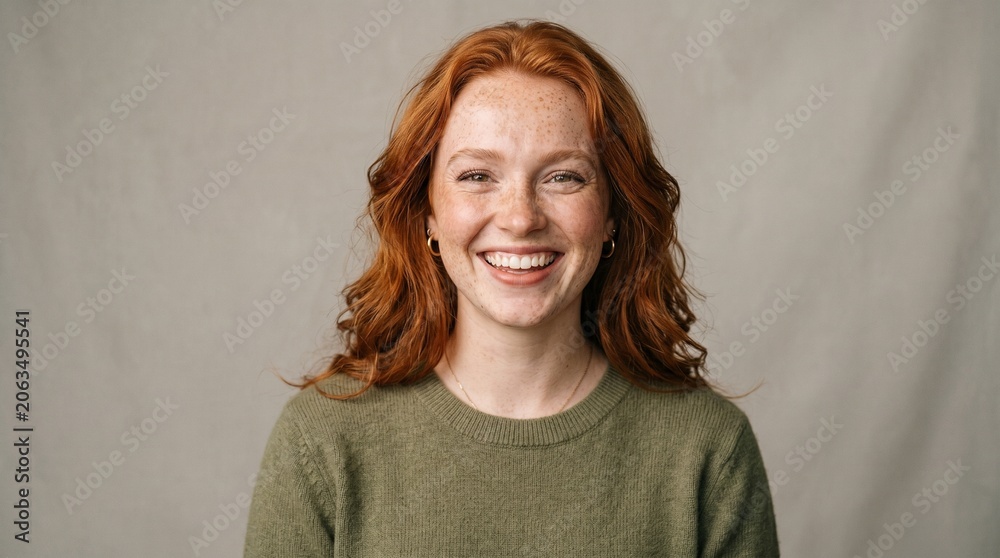 Obraz premium Portrait of a Smiling Young Redhead Woman with Freckles and Ginger Hair in Studio