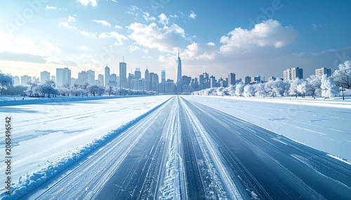 Winter Cityscape with Snowy Road Leading to Skyline.