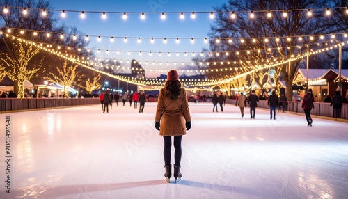Winter Ice Skating Rink with Festive String Lights at Dusk.